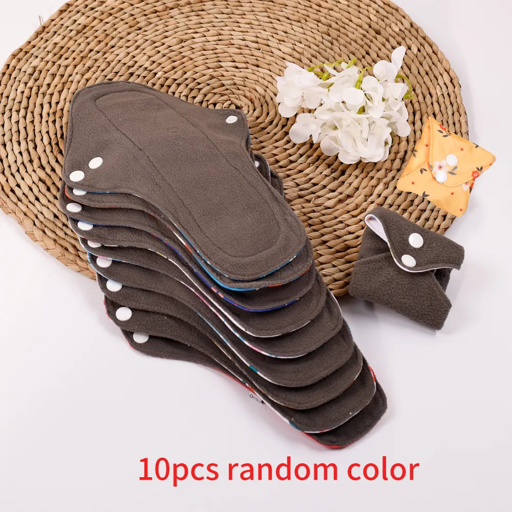L Size 10pcs/set Bamboo Charcoal Menstrual Pads - Absorbent, Waterproof, Washable, and Reusable Sanitary Pads in Random Colors