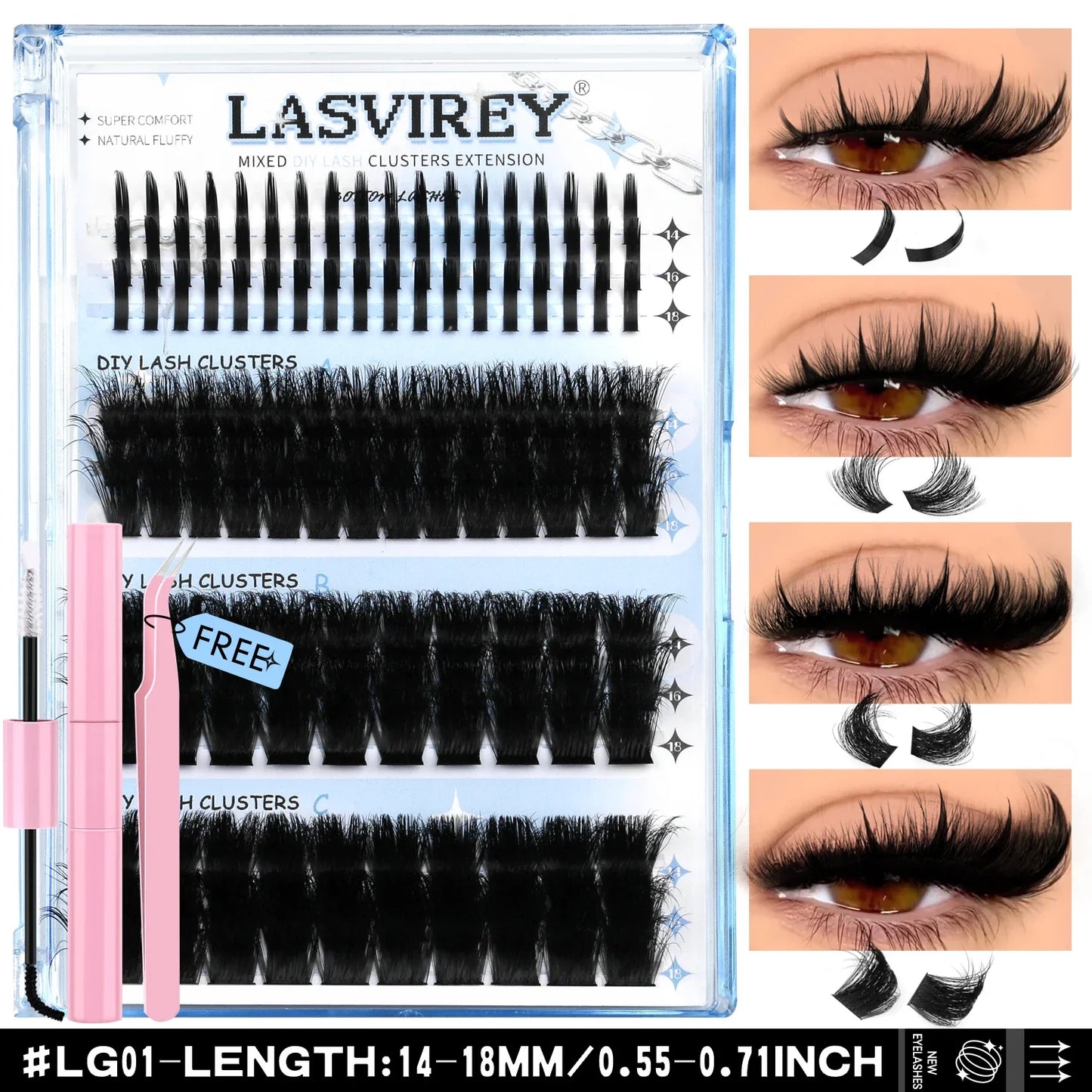 Lasvirey DIY Cluster Lashes Kit – 4-in-1 Fluffy Eyelash Extension Set with Lash Bond & Seal, Mixed Full Individual Lash Clusters
