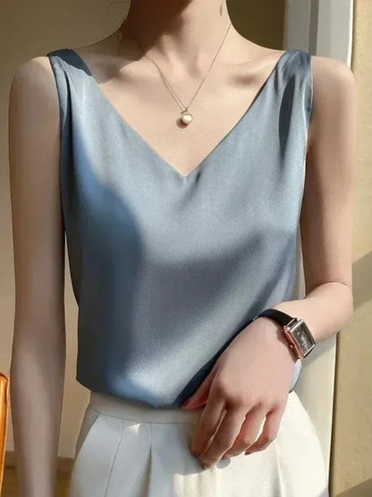 Women's V Neck Satin Silk Top - Sleeveless Acetic Acid Blouse for Elegant Summer Fashion