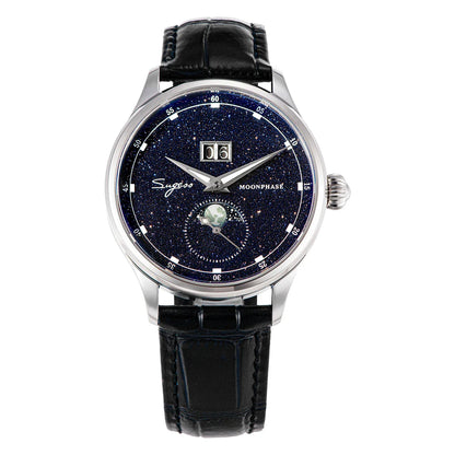 Sugess Moonphase Men’s Automatic Mechanical Watch — 40MM Stainless Steel with Seagull ST2528 Movement and Blue Sandstone Dial