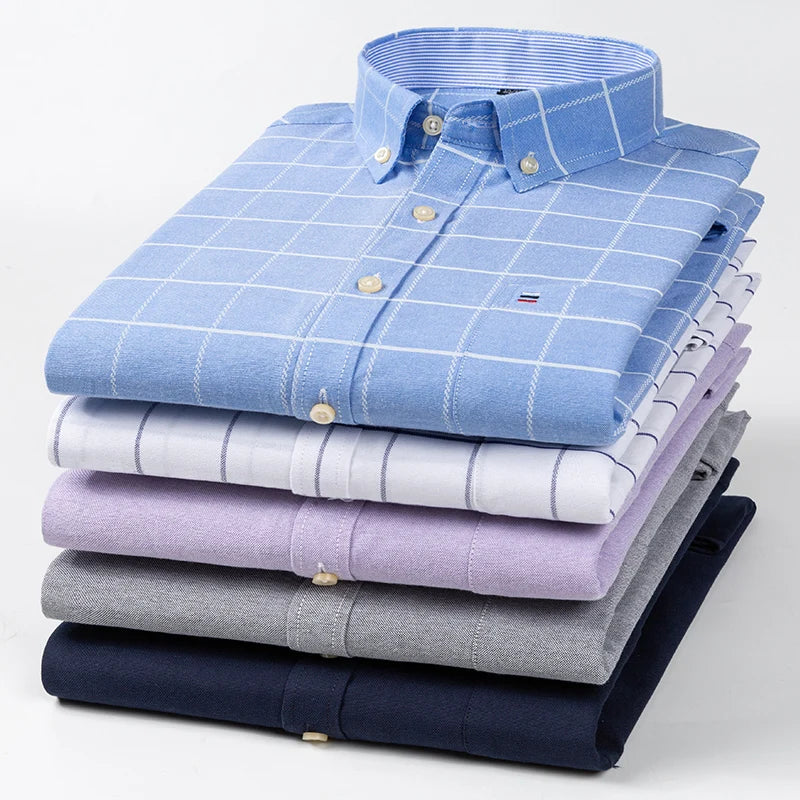 Men's 100% Cotton Oxford Plaid Shirt - Soft Regular Fit Long Sleeve Formal Dress Shirt with Pocket S-7XL