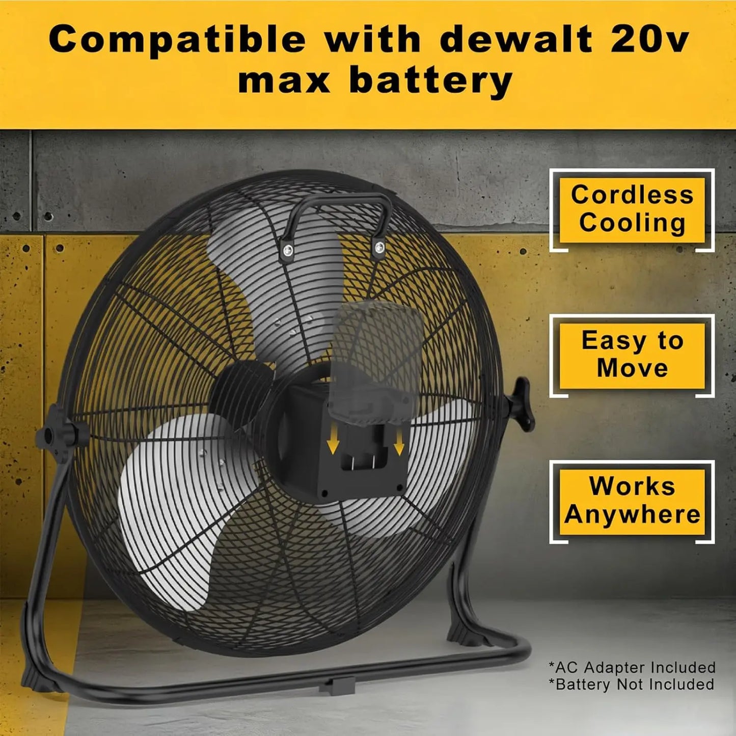 Cordless Floor Fan - 12/16-Inch Portable Fan Compatible with DeWalt 20V Max Batteries