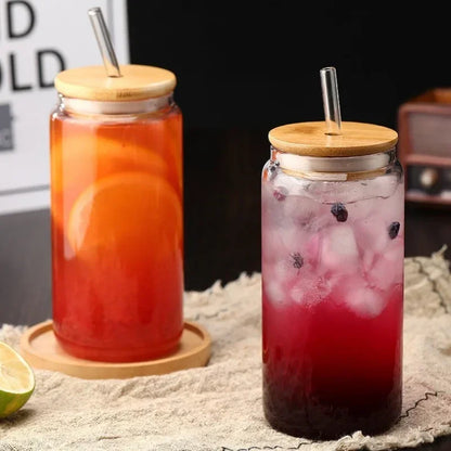 Borosilicate Glass Cup with Wooden Lid - 450ml/550ml Transparent Drink Cup with Straw for Juice & Water