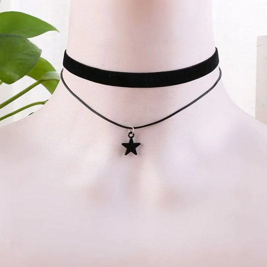 Black Velvet Pentagram Choker - Double Pendant Strap Necklace for Women, Gothic Fashion Accessory
