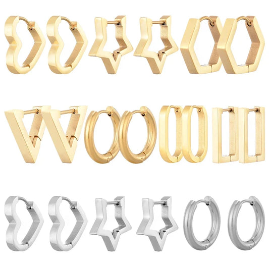 Classic Stainless Steel Hoop Earrings - Heart, Star, Oval & Geometric Punk Hip Hop Jewelry for Women & Men