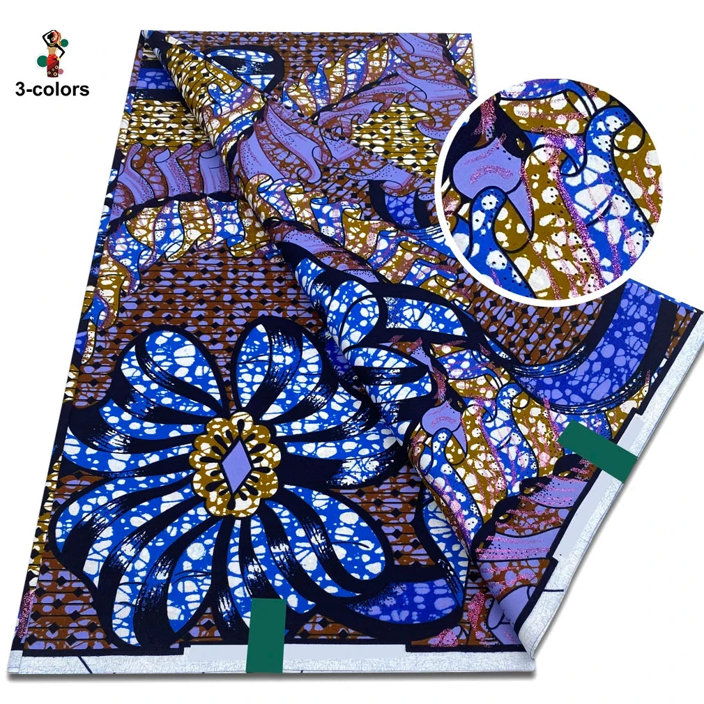 2026 African Glitter Glam Wax Fabric - 100% Cotton Golden Ankara Print 6 Yards