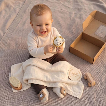 Newborn Baby Bath Gift Set - Cotton Blanket, Saliva Towel, Rattle Toy & Soft Brush Kit