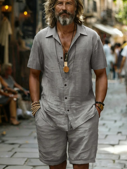 Men’s Cotton Shirt & Shorts Set - Short Sleeve Loose Fit Summer Beach Casual Two Piece Outfit