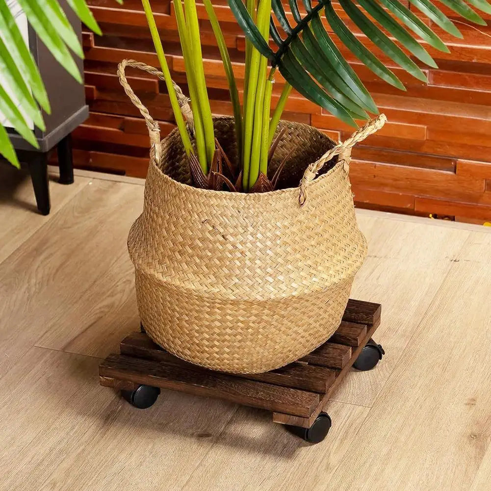 Wooden Rolling Plant Stand - Thick Flower Pot Holder with Universal Wheels for Bonsai & Indoor Garden Decor