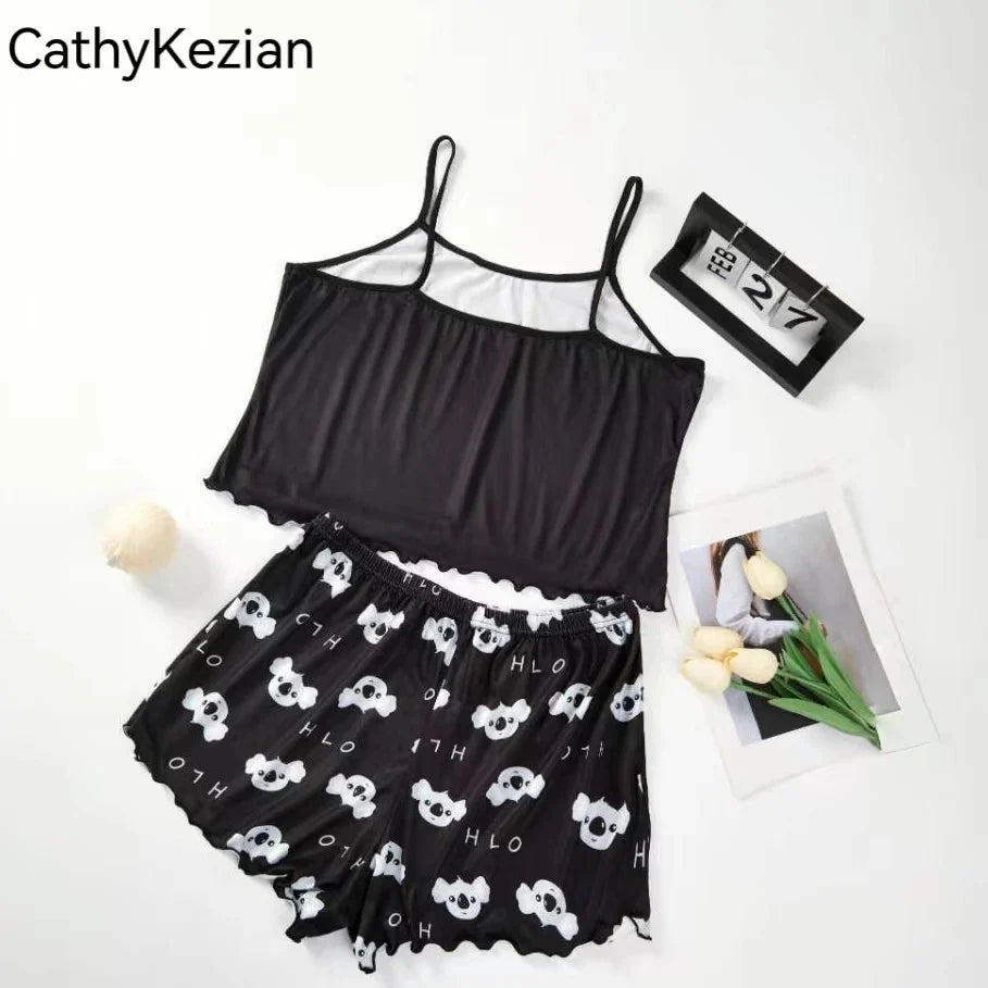 Women’s Printed Pajama Set – Sports Camisole & Shorts Sleepwear, Soft & Breathable Loungewear