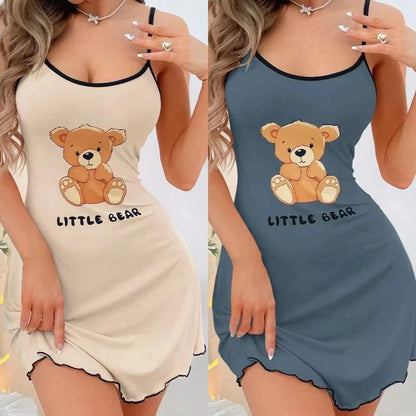 Women’s Little Bear Cami Nightgown - Cute Y2K Spaghetti Strap Mini Sleep Dress Loungewear