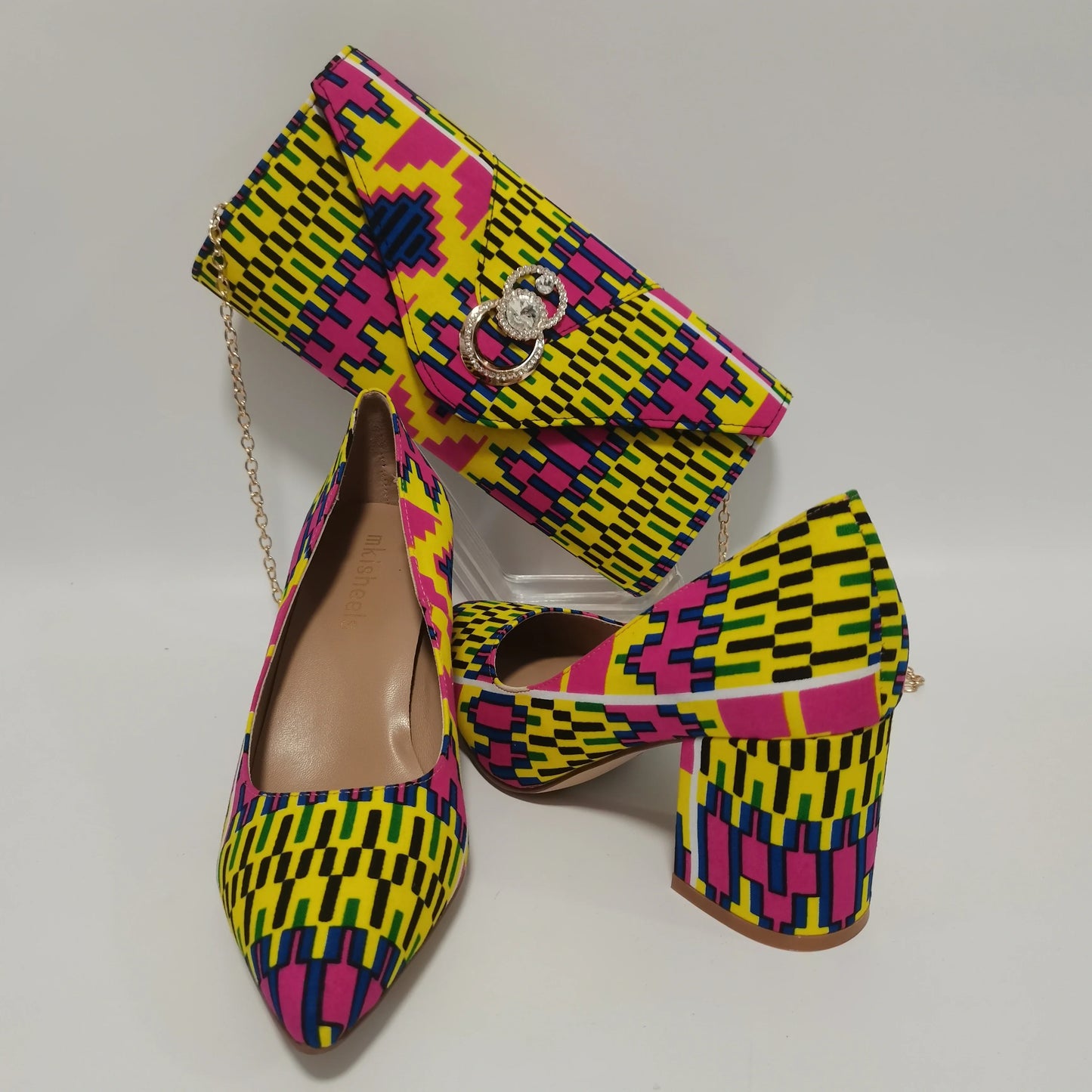 African Ankara Women’s Block Heel Shoes & Purse Set - Nigerian-Inspired Pointed Toe Fashion Accessories