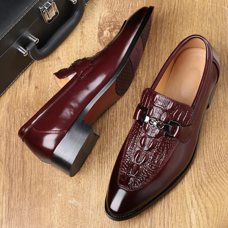 Men's Crocodile Grain Leather Loafers - Slip-On Business Office Wedding Party Dress Shoes with Buckle Flats