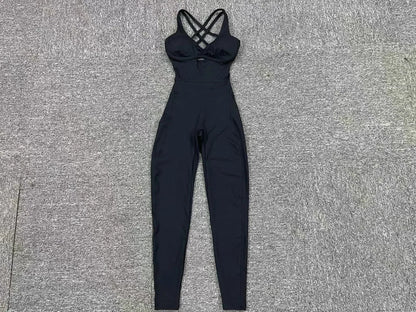 Women’s Black Sporty Jumpsuit – 2025 Workout Yoga Gym Set with Push-Up Fitness Overalls