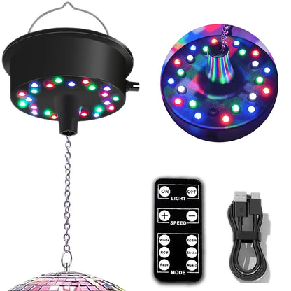 RGBW Disco Ball Motor with Remote - Adjustable 5-10RPM Mirror Ball Spinner with Multi-Mode LED Lighting