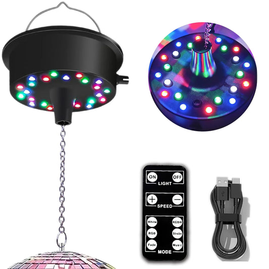 RGBW Disco Ball Motor with Remote - Adjustable 5-10RPM Mirror Ball Spinner with Multi-Mode LED Lighting