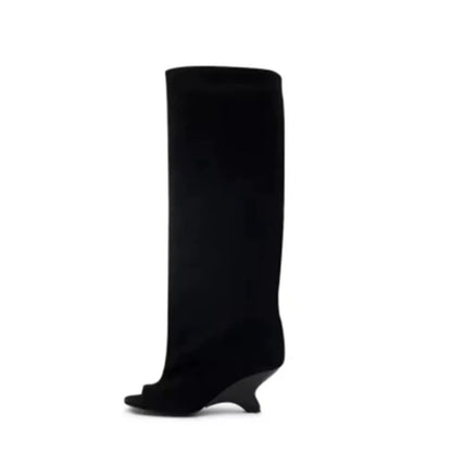 Women’s Knee-High Suede Boots - Peep Toe Wedge Heels for Party, Wedding & Versatile Style