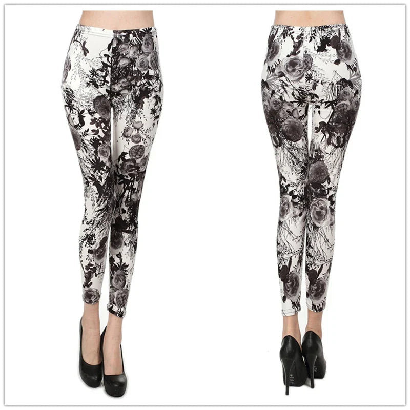 Plus Size Women Printed Leggings – Floral Elephant Star Plaid High Waist Stretch Slim Fit Skinny Pants 2XL–3XL Milk Silk Jeggings
