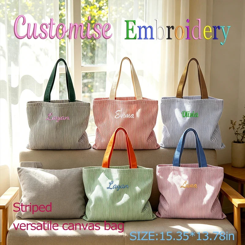 Striped Canvas Shoulder Bag - Custom Embroidered or Standard Back-to-School Tote