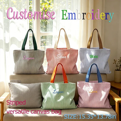 Striped Canvas Shoulder Bag - Custom Embroidered or Standard Back-to-School Tote