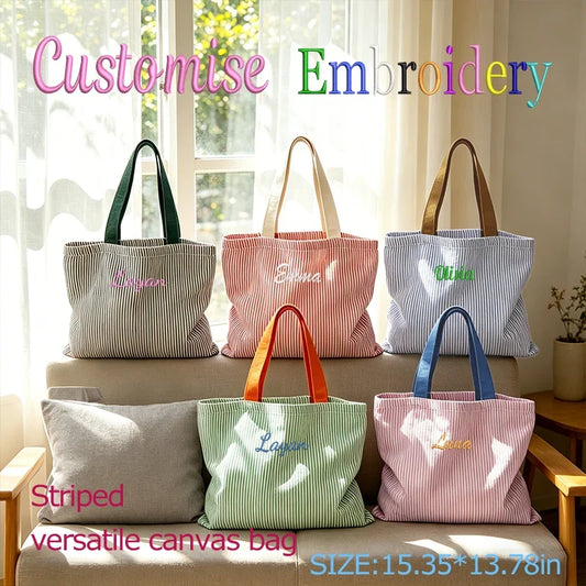 Striped Canvas Shoulder Bag - Custom Embroidered or Standard Back-to-School Tote