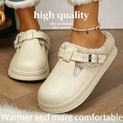 Women’s Winter Plush Mules Slippers - Waterproof EVA Furry Slides with Warm Lining, Metal Buckle & Non-Slip Sole