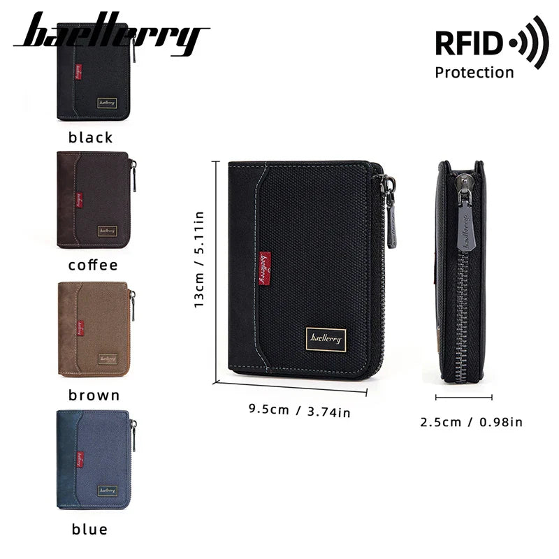 Baellerry RFID Short Men’s Wallet — Luxury Zipper Card Holder with Coin Pocket & Photo Slots