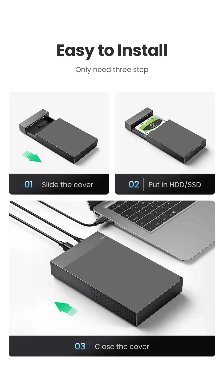 3.5" USB 3.0 to SATA HDD Enclosure — High-Speed External Hard Drive Case, Supports up to 10TB for PC & Laptop