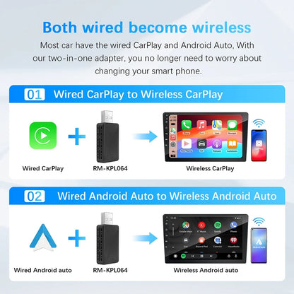 CarPlay & Android Auto Wireless Adapter — Compatible with Toyota, Mazda, Nissan, Camry, Suzuki, Subaru, Citroen, Audi, Mercedes, Kia, Ford, Opel with Spotify & Bluetooth
