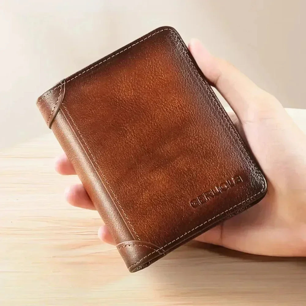 Genuine Leather Men’s RFID Blocking Trifold Wallet – Vintage Thin Short Multi-Function Card Holder ID Window Male Purse Money Wallet
