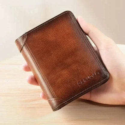 Genuine Leather Men’s RFID Blocking Trifold Wallet – Vintage Thin Short Multi-Function Card Holder ID Window Male Purse Money Wallet