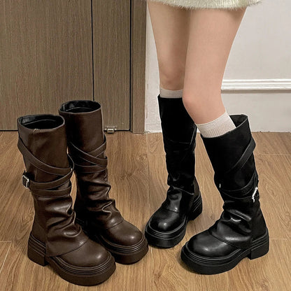 Vintage Thick Heel Women’s Knee-High Boots – Slip-On Fashion Booties for Autumn & Winter