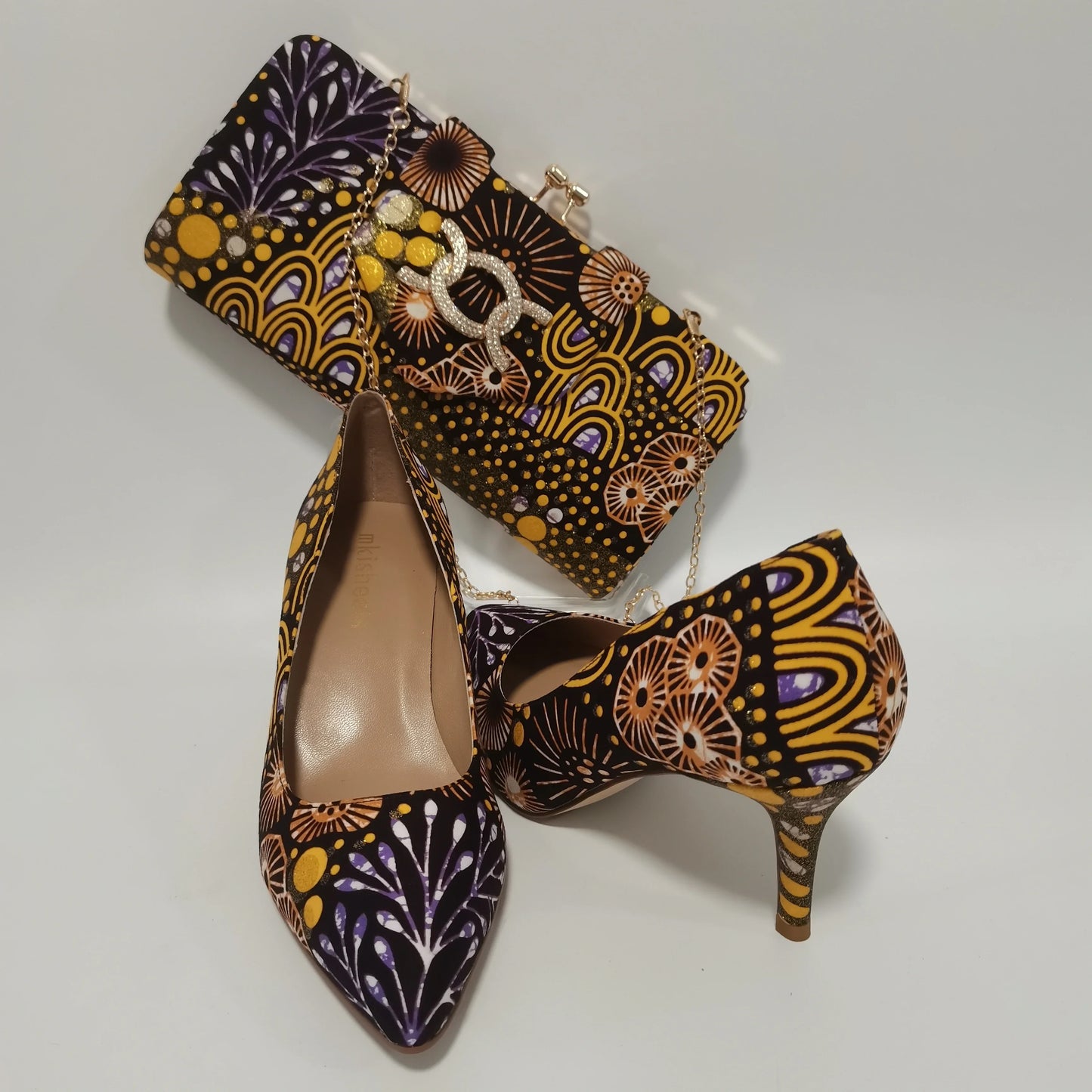 African Kente Print Women’s Shoe & Purse Set - Ankara Wax Print High Heels for Parties, Sizes 37-42