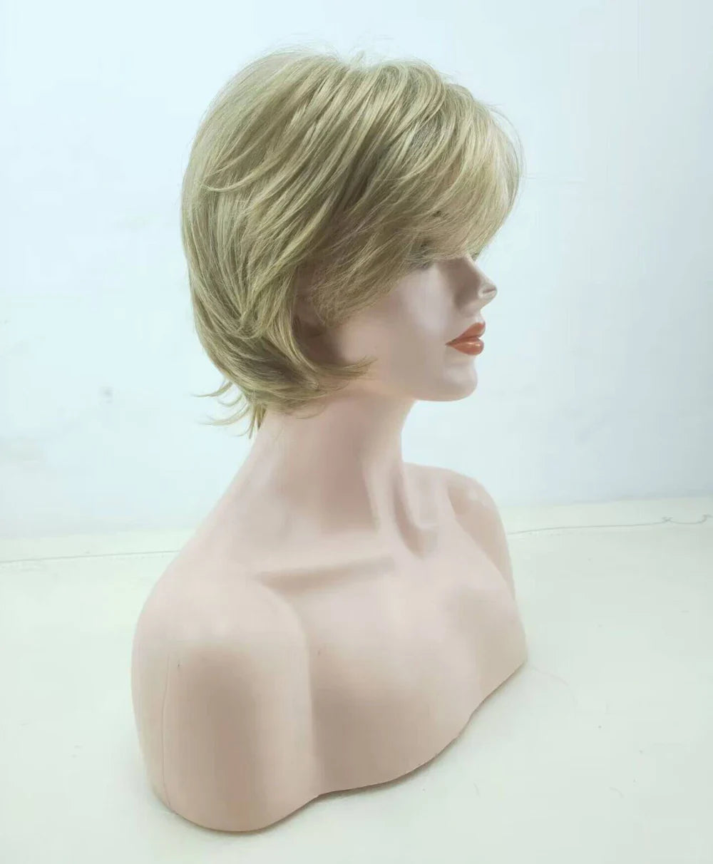 HAIRJOY Short Blonde Wig with Bangs – Blonde and Brown Mix Synthetic Fluffy Wig for Women