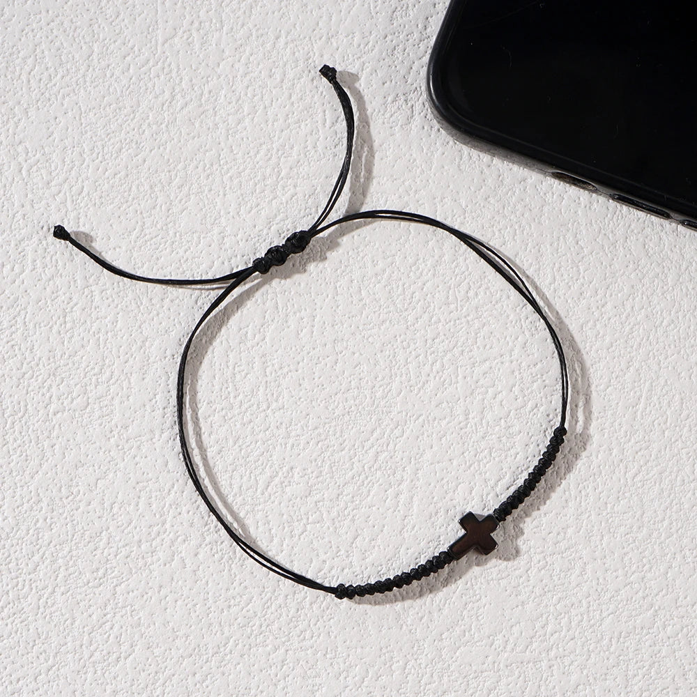 Minimalist Black Cord Cross Bracelet - Handcrafted Woven Protection Jewelry Gift for Men