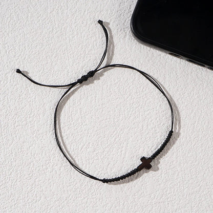 Minimalist Black Cord Cross Bracelet - Handcrafted Woven Protection Jewelry Gift for Men