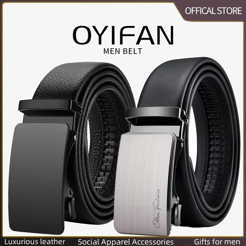 OYIFAN Men’s Genuine Leather Belt – Designer Alloy Buckle Automatic Ratchet Belt