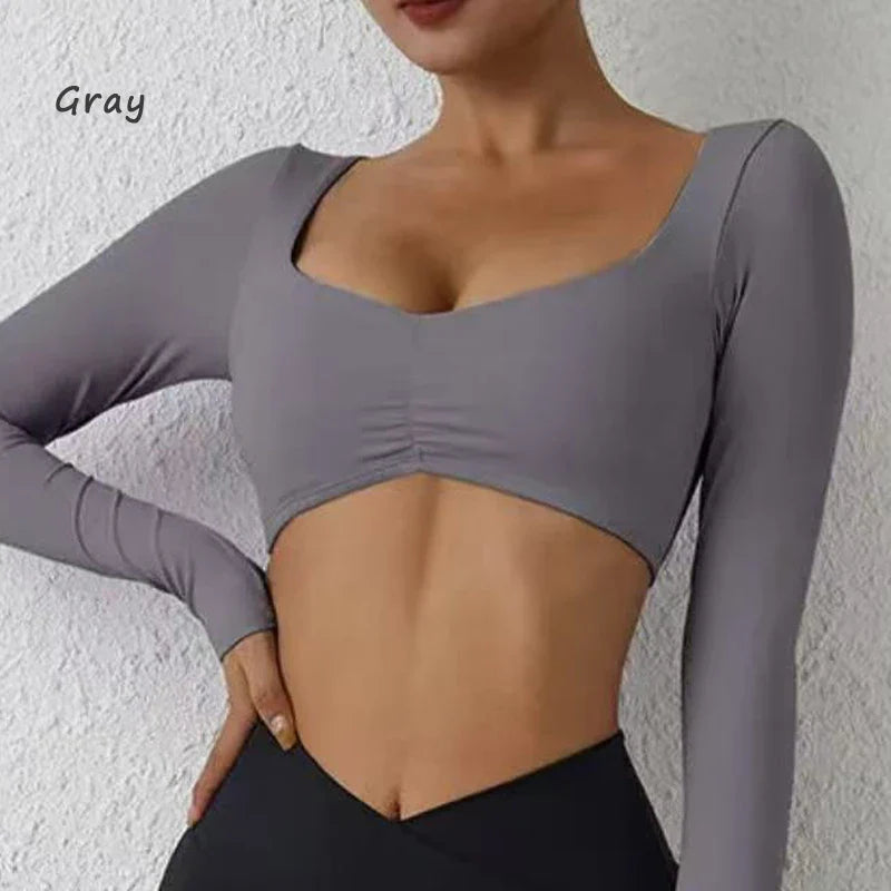 DIAS FIT JOY Women’s Nylon Gym Top – Long-Sleeve Pleated Yoga & Sports T-Shirt, Waist-Fitting Activewear
