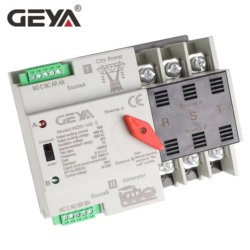 GEYA W2R Dual Power Automatic Transfer Switch - 110V 220V Household ATS Circuit Switch 63A 100A 50/60Hz Backup Power Controller