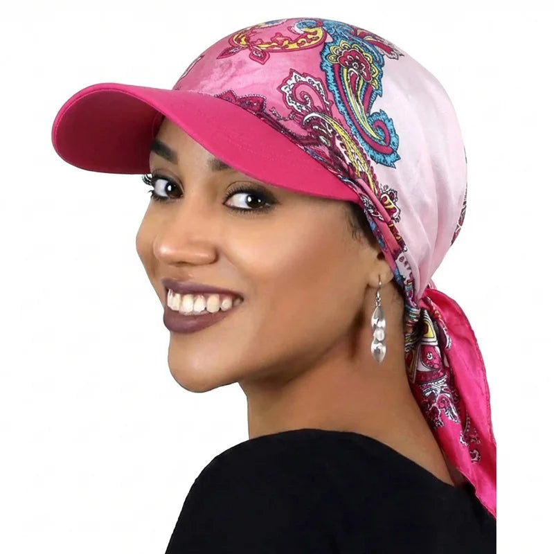 Women’s Printed Satin Sun Hat - Soft Breathable Headscarf Cap with Brim for Summer Fashion & Outdoor Wear