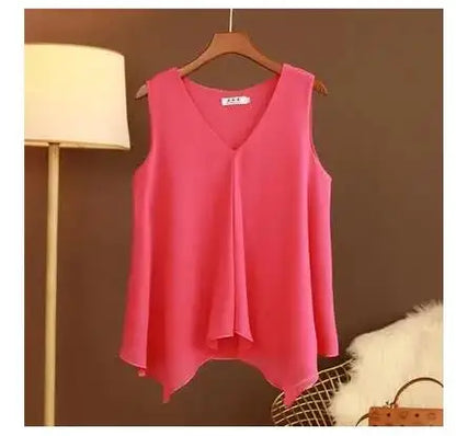 Women's Chiffon V Neck Blouse - Loose Sleeveless Plus Size Fashion Top M-5XL