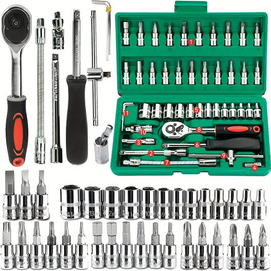 46/53pcs Drive Socket Set - 1/4 Inch Ratchet Wrench Set with Metric Hex Bit Sockets, Mechanic Tool Kits for Auto Repair