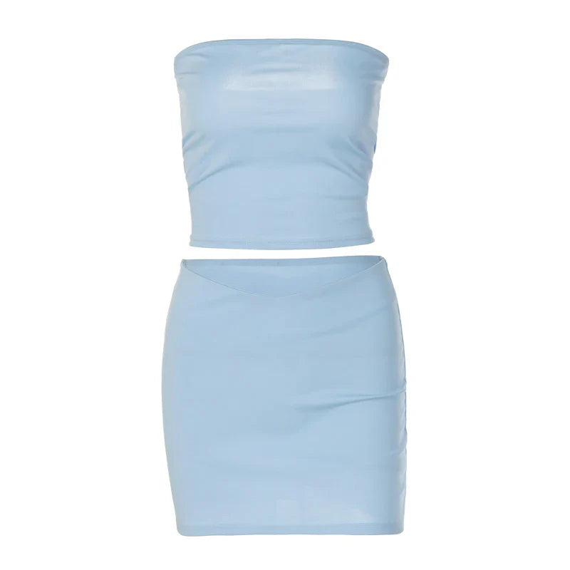 Hugcitar Solid Sleeveless Folds Tube Crop Top & Skirt Set – 2 Piece Summer Fashion Streetwear, Beach Clothing