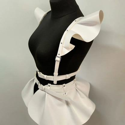 Women’s Gothic Leather Body Harness Belt – Skirt Accessory with Ruffle Hem, Waist & Shoulder Fashion Belt