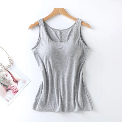 Women’s Built-In Bra Tank Top - Solid Color Padded Slim Fit Vest Shirt for Casual, Sexy & Everyday Wear