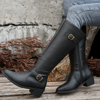 Women’s Winter High-Top Knight Boots – Side Zipper & Belt Buckle, Pointed Toe, PU Material with Cotton Lining