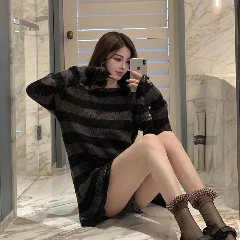 New Punk Gothic Unisex Long Sweater - Summer Striped Hollow Out Jumper for Women - Loose Dark Streetwear Top