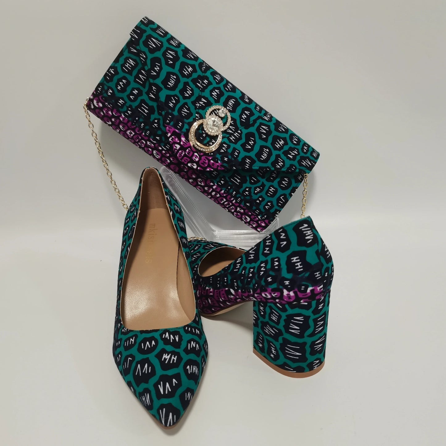 African Ankara Women’s Block Heel Shoes & Purse Set - Nigerian-Inspired Pointed Toe Fashion Accessories
