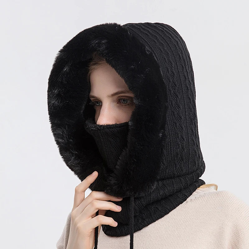Winter Fur Cap Mask Set – Hooded Knitted Cashmere Neck Warmer, Plush Windproof Balaclava Ski Beanie for Women