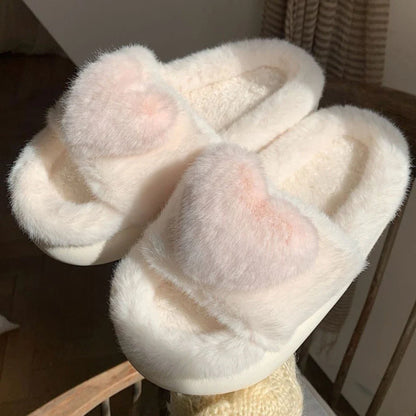 3D Love Single Band Women’s Winter Slippers – Soft Heel Platform, Warm & Fluffy Indoor Home Shoes